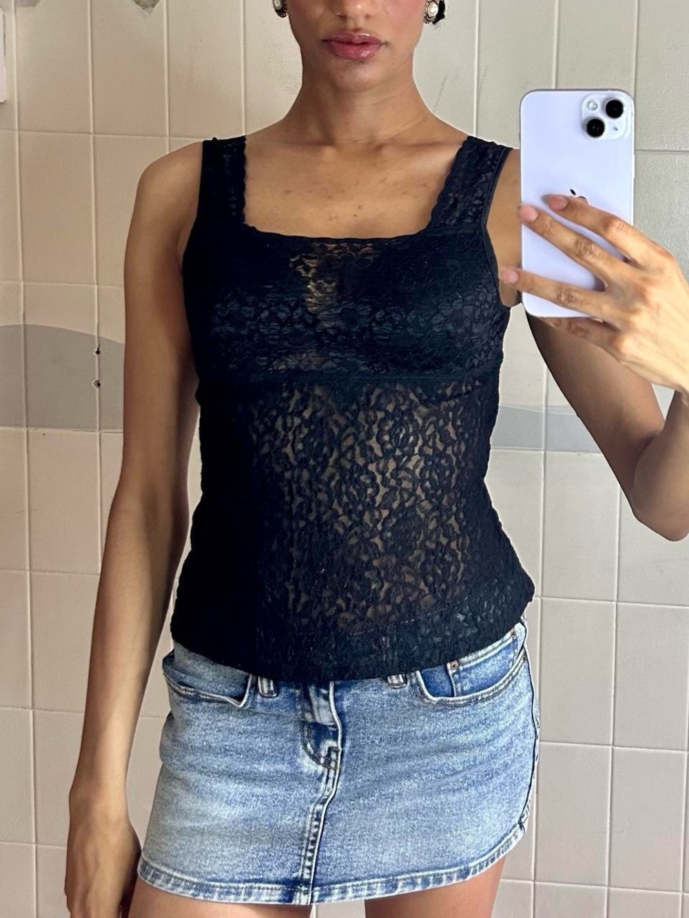 Black Lace Square-Neck Tank Top
